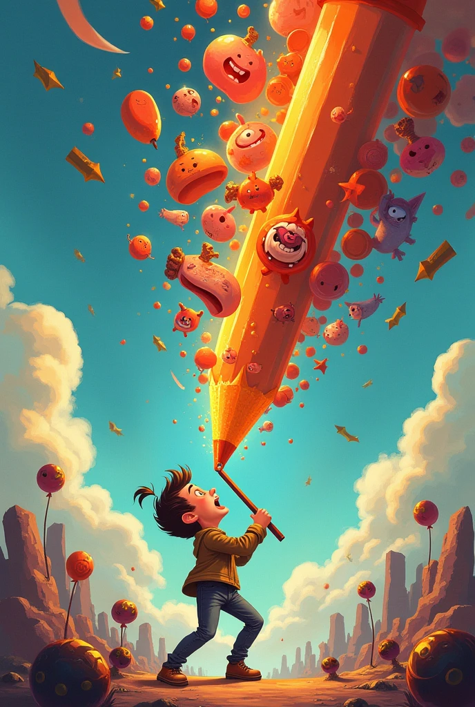 Holding a giant magic pencil that's firing away all sorts of wacky, cartoony things.