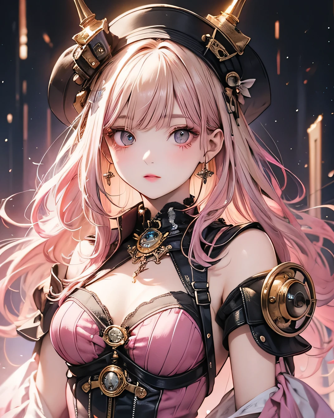 Highest quality, masterpiece, Upper Body, woman, Windblown Blonde, Shining Eyes, Steampunk Style, Light clothing, Pink clothes, Pink Hair