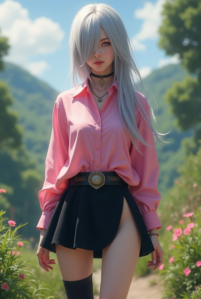 masterpiece, Highest quality, High resolution, Elizabeth, One person, jewelry, Single knee socks, Silver Hair, Hair on one eye, abdomen, Black Skirt, Asymmetrical legwear, Pink Shirt, Black knee socks, belt, mini skirt, landscape, Are standing, Are standing, Portraiture, Upper Body