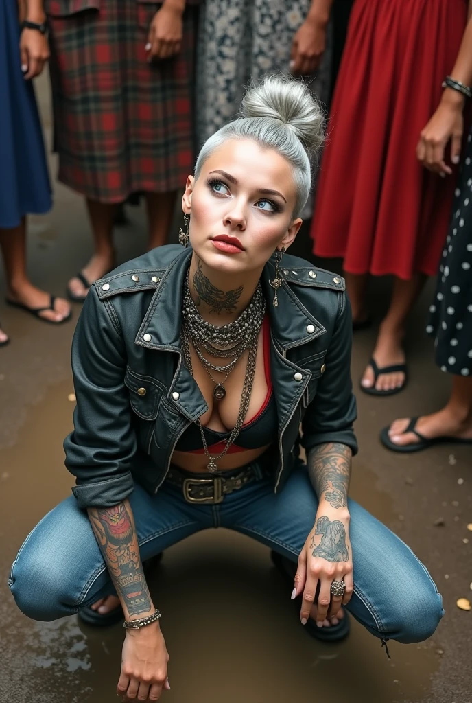 russian milf woman, grey hair (top bun, shaved sides), colourful bandana as headband, with very light blue eyes, extremely pale skin. Wearing cropped aged black moto jacket with lots of zippers and pins, flipped up collar. Worn skinny dark low rise blue jeans with patches, wet knees. Black and red tight push up bra, Dirty White tennis sneakers, with bracelets around ankles. Chain around hips like belts. Dirty knees, dirty feet and muddy hands. Wide studded belt. Lots of metallic bracelets, lots of boho pendants and lots of colourful beads collars.. Chains around the hips. Squatting on a puddle with hands on her hips, looking up, chin up, stretching her neck , needy facial expression. Both hands caressing her long neck. Bracelets in ankles and rings in fingers. Black nail polish. studded black leather tote bag with chain on the floor, next to her.. Listening looking up in amazement to somebody speaking to her from the sky, upper teeth visible. Well toned abdominals, thin neck, slim legs and thin arms. Narrow hips Cleavage, stomach, neck, tigh and hands completely covered with tattoos. Dirt street in Kenyan village full of waste. A lot of tanned fat women in traditional dresses around looking at her. next to her, all her belongings scattered on the floor: tobacco packs, makeup kit, little makeup mirror, studded black leather tote bag, lipstick, wallet, moble etc on the floor, point of view; from above