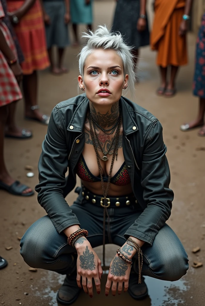 russian milf woman, grey  hair  (top bun, shaved sides), colourful bandana as headband, with very light blue eyes, extremely pale skin. Wearing cropped aged black moto jacket with lots of zippers and pins, flipped up collar. Worn skinny dark low rise blue jeans with patches, wet knees. Black and red tight push up bra, Dirty White tennis sneakers, with bracelets around ankles. Chain around hips like belts. Dirty knees, dirty feet and muddy hands. Wide studded belt. Lots of metallic bracelets, lots of boho pendants and lots of colourful beads collars.. Chains around the hips. Squatting on a puddle with hands on her hips, looking up, chin up, stretching her neck , needy facial expression. Both hands caressing her long neck. Bracelets in ankles and rings in fingers. Black nail polish. studded black leather tote bag with chain on the floor, next to her.. Listening looking up in amazement to somebody speaking to her from the sky, upper teeth visible. Well toned abdominals, thin neck, slim legs and thin arms. Narrow hips Cleavage, stomach, neck, tigh and hands completely covered with tattoos. Dirt street in Kenyan village full of waste. A lot of tanned fat women  in traditional dresses around looking at her. next to her, all her belongings scattered on the floor: tobacco packs, makeup kit, little makeup mirror, studded black leather tote bag, lipstick, wallet, moble etc on the floor, point of view; from above