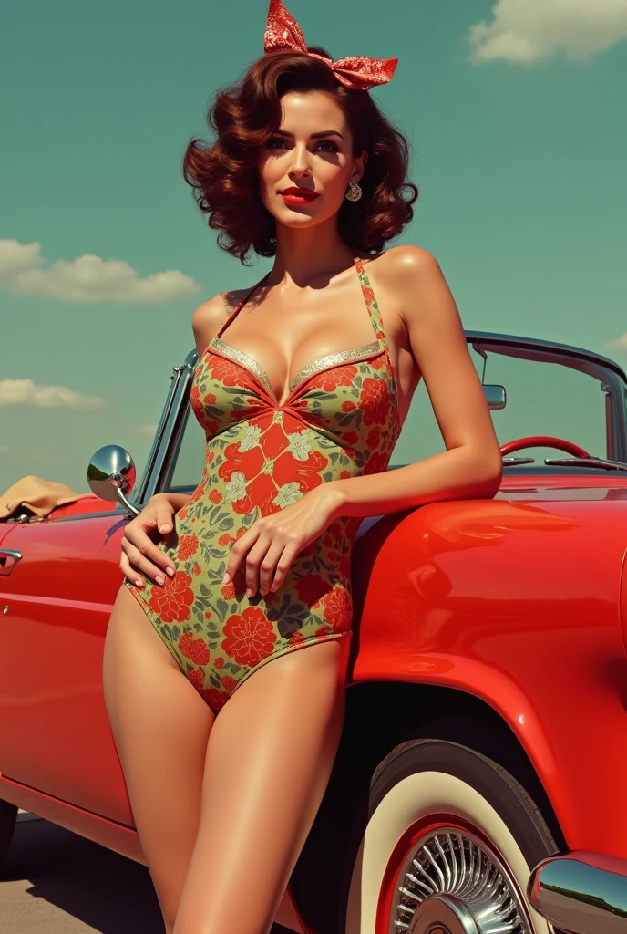 To create a prompt for Marisa Tomei as a 1950s-style pin-up, you can use the following description:

---

**Prompt:** 

 Marisa Tomei in a 1950s pin-up style. She's posed in a classic vintage setting leaning against a cherry-red convertible. She's dressed in a playful, high-waisted swimsuit, the kind with halter necks and bold patterns, with her hair styled in voluminous curls and a bandana tied in a bow. Her makeup features a sultry cat-eye eyeliner and bright red lips, exuding confidence and charm. The overall vibe is playful yet sophisticated, capturing the timeless allure and elegance of the 1950s pin-up era."
