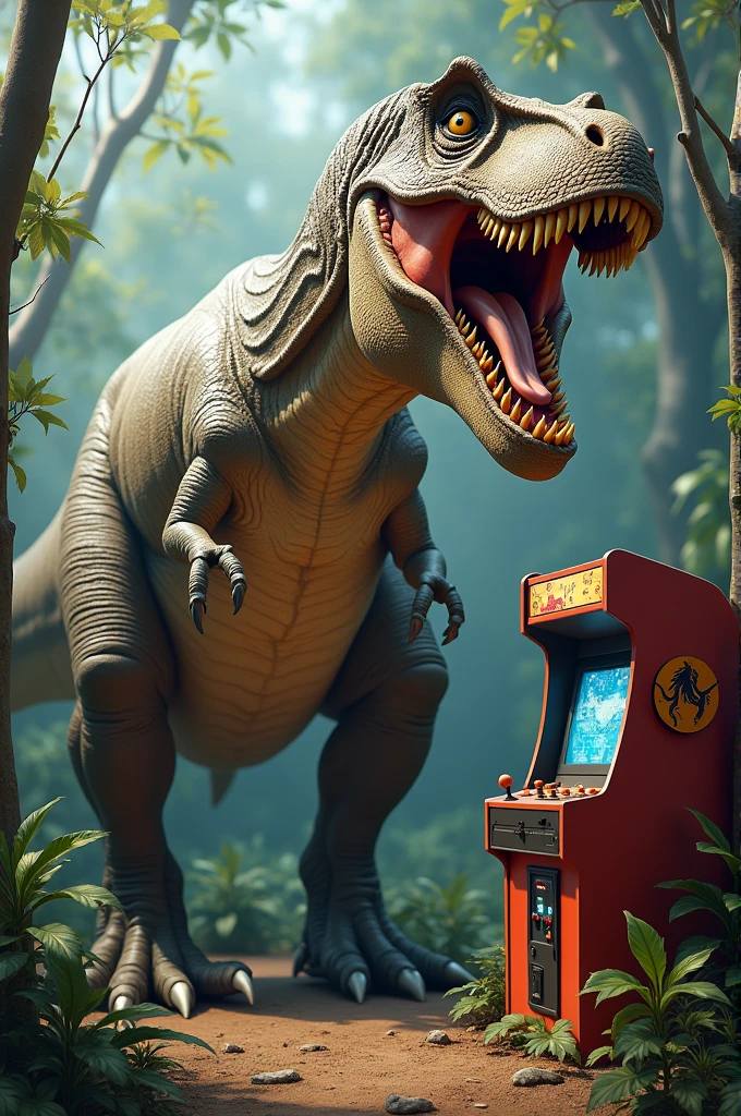T-rex playing stick arcade