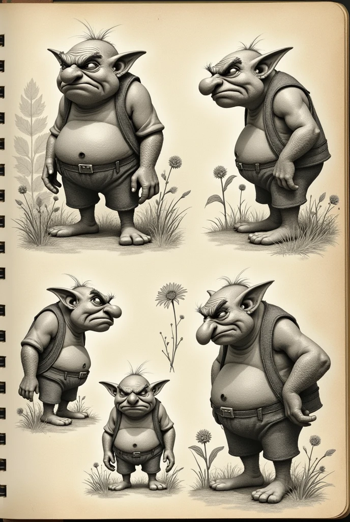 Create an image of the character Grumpy from the Tinker Bell movie as if it were in a notebook with studies about him
