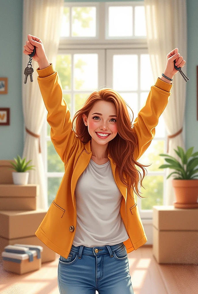 watercolor art person with keys in hands and smiling in a new house