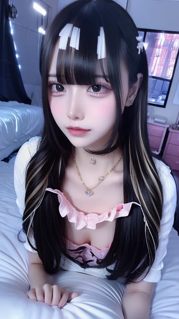 Highest quality、8k、32K、masterpiece、Ultra Clear、Highest quality、8k full vision, Cinema Lighting:1.2)、(Blue Right), One personの、Long Hair Girl、Beautiful Japanese Women、Black-haired、Heavy bangs、Accentuate your breasts、choker、(Super big breasts:1.5), Sparkling under-eye bags、Red glitter eye makeup, From feet to head、(Fluorescent pink lipstick:1.3)、
Soft impression、Of Japanese、(jirai type fashion:1.5, Japan Underground Idols、Japanese Landmine Woman Makeup:1.5),
((Masturbation POV:1.5, POV:1.5)),
Detailed and stunning backgrounds、
((On the bed at the love hotel:1.8, Lights out:1.8, Decolorization lighting:1.8)), sexy and seductive、Sleep with your legs spread:1.3, 大きなAccentuate your breasts仕草:1.8, , One person, solo, (Late Night:1.8)、(Top view:1.5)
one person, 独奏, High resolution, masterpiece, accurate, Anatomically correct, Winner of numerous awards, Highest quality, Damaged, High-resolution model, High detail, retina, Very detailed, Textured skin, Ultra high definition, movie light effect, movie, Movie shooting, clair obscur, Background blur, Everything detailed and exquisite、Complete human body、Correct human body、Perfect human body、Accurate human body、Detailed Background、Elaborate Background
(),(((night:1.8, Desaturated lighting、The bedroom with the lights off:1.8))), On all fours:1.5
