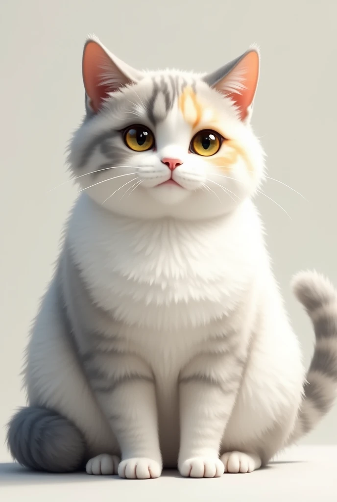 Adult white and gray cat with ears, lead back and tail Make it with more grey With light yellow eyes(clearer) and fat, that is monochromatic Short hair Like this but more realistic Even more realistic Remember not with stripes