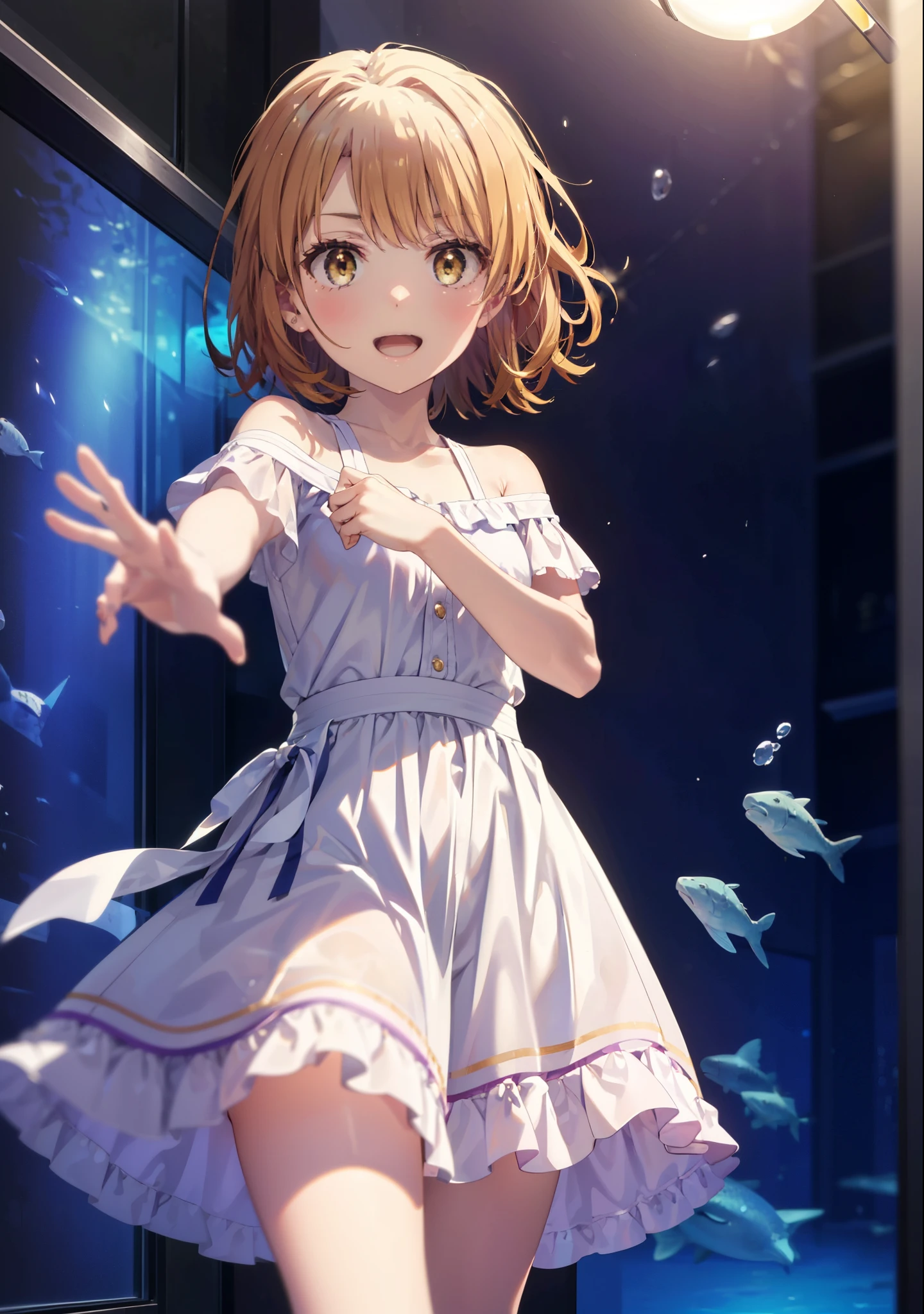 Irohaisshiki, isshiki iroha, short hair, Brown Hair, (Brown eyes:1.5), smile,Open your mouth,smile,Off-the-shoulder dress,mini skirt,Cute Sandals,Are standing,巨大なガラス水槽で魚が泳ぐ美しいaquarium, きらめく光が幻想的なaquarium,whole bodyがイラストに入るように,
break indoors, aquarium,
break looking at viewer,whole body,
break (masterpiece:1.2), Highest quality, High resolution, unity 8k wallpaper, (figure:0.8), (Beautiful attention to detail:1.6), Highly detailed face, Perfect lighting, Highly detailed CG, (Perfect hands, Perfect Anatomy),