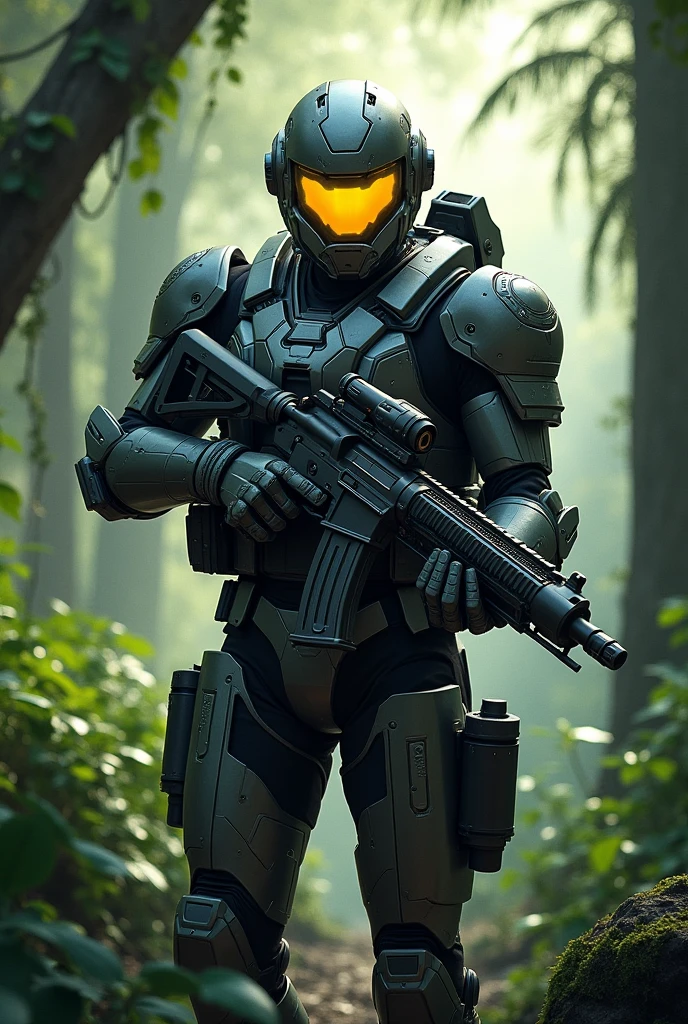 an russich soldier with an advanced combat armor covering the enture body and an helmet with an yellow visor, armed with an plasma battlerifle in an jungle