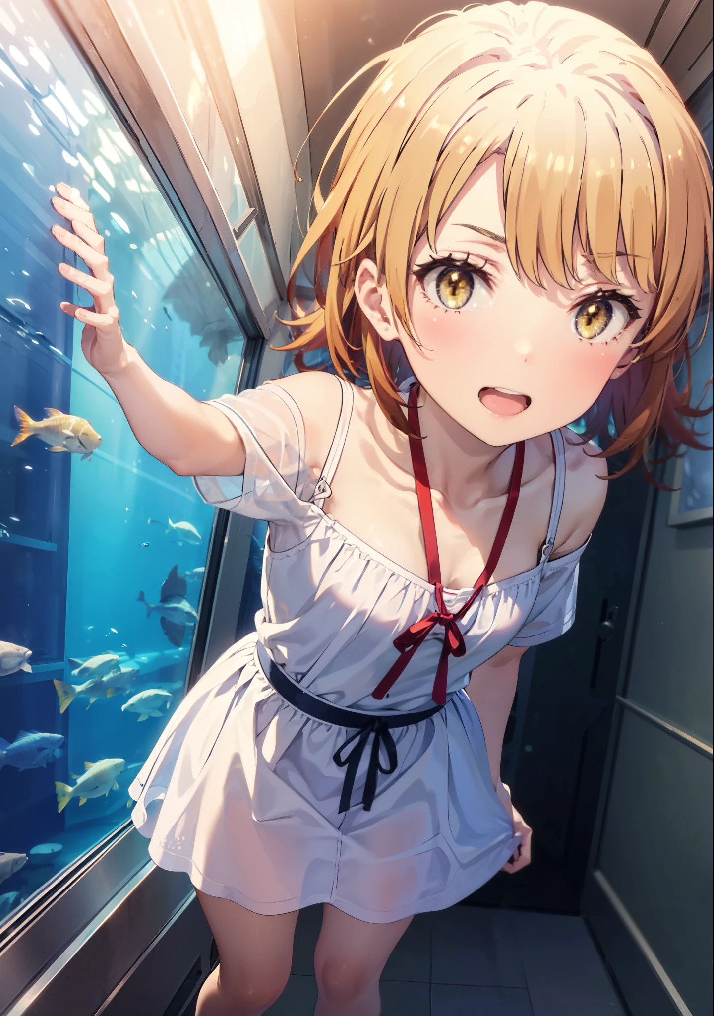 Irohaisshiki, isshiki iroha, short hair, Brown Hair, (Brown eyes:1.5), smile,Open your mouth,smile,Off-the-shoulder dress,mini skirt,Cute Sandals,Are standing,巨大なガラス水槽で魚が泳ぐ美しいaquarium, きらめく光が幻想的なaquarium,whole bodyがイラストに入るように,
break indoors, aquarium,
break looking at viewer,whole body,
break (masterpiece:1.2), Highest quality, High resolution, unity 8k wallpaper, (figure:0.8), (Beautiful attention to detail:1.6), Highly detailed face, Perfect lighting, Highly detailed CG, (Perfect hands, Perfect Anatomy),