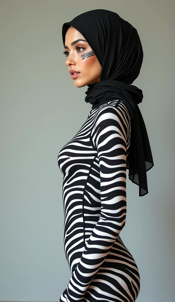 The beautiful,thin,most pretty and clever Asian muslimah adult girl with beautiful cheeks wears zebra print lycra footed turtleneck unitard catsuit covered with stripes and zebra print lycra elastane stretchy dancewear long hijab covered with stripes.She puts zebra stripes as makeup on the face.