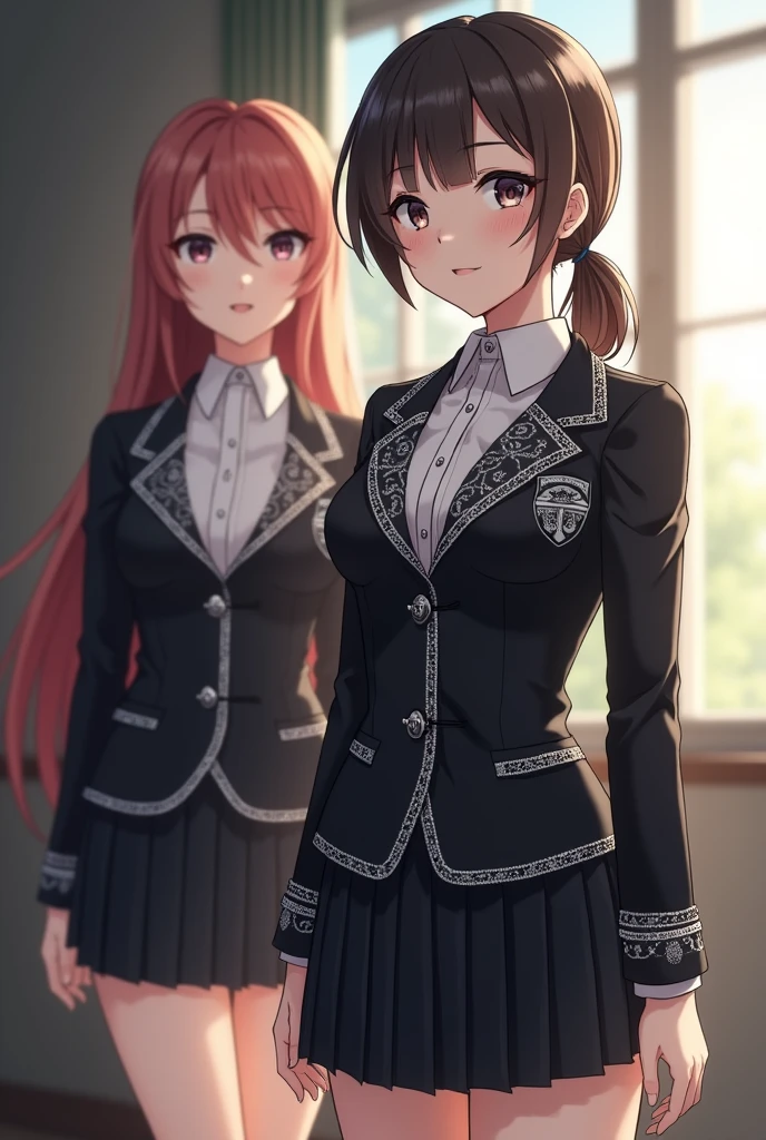 anime girls in a school uniform, with following .Blouse:
The uniform blouse is a central piece that defines the elegant style of the students. Made of high-quality satin or silk, the blouse has a high collar that closes with a silver satin ribbon tied in a delicate bow, adding a touch of femininity and refinement. The long, puffed sleeves are fitted at the cuffs, which are finished with silver buttons, giving it an air of sophistication. The blouse is fitted at the waist, creating a graceful silhouette, while a slight flare at the bottom provides comfort without sacrificing style. Silver embroidery details the collar and cuffs, highlighting the contrast between the black of the fabric and the shine of the silver.
Blazer:
The blazer, made of black velvet or lightweight wool, complements the blouse with its fitted silhouette and elegant cut. This blazer is short, with a high waistline that enhances the students' figure, and has a slight train in the back that extends to mid-thigh, adding a touch of formality and grace. The wide, rounded lapels are adorned with silver embroidery that creates geometric or floral patterns, reflecting the richness and attention to detail that characterizes the uniform. On the left chest, the Solaria emblem is embroidered in silver, symbolizing the honor and identity of the school. The silver buttons on the blazer are decorative and functional, with embossing that matches the details of the rest of the uniform. The lining of the blazer, in silver satin, adds a touch of luxury and contrast when the garment is open.
Skirt:
The pleated skirt of the uniform is designed to fall just above the knee, maintaining the modesty required by the school, while allowing for graceful movement. Made from the same high-quality black fabric, the skirt is adorned with a silver stripe at the hem or with subtle silver embroidery, which complements the details of the blazer and blouse. The combination of colors and the pleated design create an elegant look tha