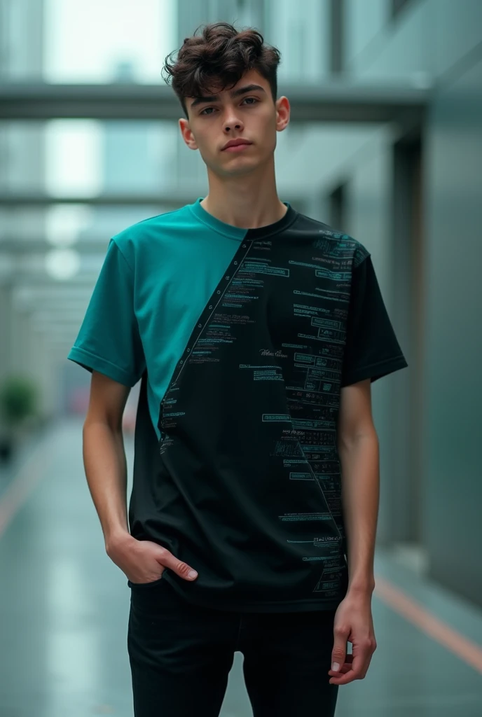 Black and turquoise t-shirt with small interface designs on the front


