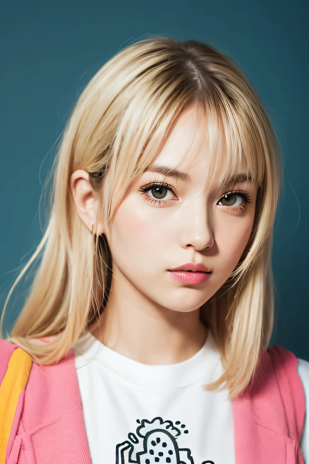 Keith Haring colorful style, Simple Line Initialism,Abstract art,(((The most beautiful girl of all time))), Sweet face. Lips in love, colorful hearts, stylish design, 夏のオシャレなTシャツ, 黒い瞳, walking, Paris