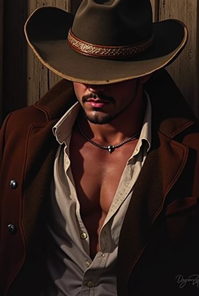 Create a book cover with the title Pé na Estrada based on the image. A sexy man on the cover, With a cowboy hat. Lighter colors