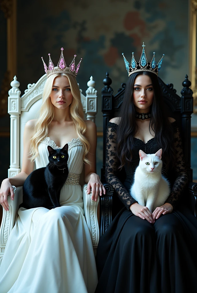 (full body shot:1.3) woman 1 in a (white dress 1:1) sitting on a (white throne 1:3) with a (crown with pink cristals 1:1), black cat sitting in her lap,an elegant gothic princess, gothic princess portrait, beautiful vampire female ice queen, her crown with pink sparkling cristals gothic regal, dark goth queen with yellow eyes, light blonde long hair, medieval dark fantasy, sitting on white intricate throne, wearing a white gothic dress, beautiful elegant demon queen, lovely white winter princess, a beautiful fantasy empress, beautiful vampire queen. Black cat sitting on her lap 1:1. (Woman 1 and woman 2 holding hands and sitting site by site) with a (full body shot:1.3) woman 2 in a black dress sitting on a black throne 1:1,crown with blue sparkling cristals , an elegant gothic dark princess, gothic queen portrait, beautiful vampire female queen, gothic regal, dark goth queen with yellow eyes, black long hair, medieval dark fantasy, sitting on intricate black throne, wearing a gothic dress, beautiful elegant demon queen, lovely dark autumn princess, a beautiful fantasy empress, beautiful vampire queen. White cat sitting on her lap. ARRI ALEXA 65, 50mm lens, dynamic lighting