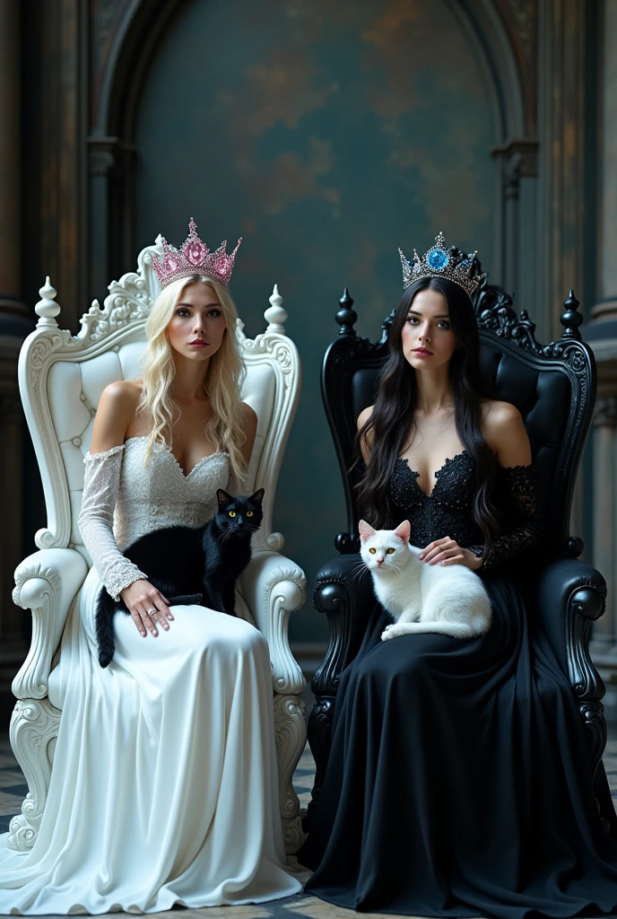 (full body shot:1.3) woman 1 in a (white dress 1:1) sitting on a (white throne 1:3) with a (crown with pink cristals 1:1), black cat sitting in her lap,an elegant gothic princess, gothic princess portrait, beautiful vampire female ice queen, her crown with pink sparkling cristals gothic regal, dark goth queen with yellow eyes, light blonde long hair, medieval dark fantasy, sitting on white intricate throne, wearing a white gothic dress, beautiful elegant demon queen, lovely white winter princess, a beautiful fantasy empress, beautiful vampire queen. Black cat sitting on her lap 1:1. (Woman 1 and woman 2 holding hands and sitting site by site) with a (full body shot:1.3) woman 2 in a black dress sitting on a black throne 1:1,crown with blue sparkling cristals , an elegant gothic dark princess, gothic queen portrait, beautiful vampire female queen, gothic regal, dark goth queen with yellow eyes, black long hair, medieval dark fantasy, sitting on intricate black throne, wearing a gothic dress, beautiful elegant demon queen, lovely dark autumn princess, a beautiful fantasy empress, beautiful vampire queen. White cat sitting on her lap. ARRI ALEXA 65, 50mm lens, dynamic lighting