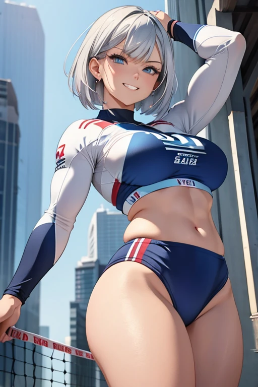 A woman with silver bob hair and blue eyes, (She is looking down), extremely detailed and realistic, masterpiece quality, ultra-detailed, HDR, vivid colors, physically-based rendering, thick thighs, (scornful grin),  long thick muscular thighs, volley ball player, volley ball wear