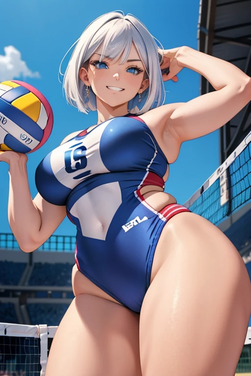 A woman with silver bob hair and blue eyes, (She is looking down), extremely detailed and realistic, masterpiece quality, ultra-detailed, HDR, vivid colors, physically-based rendering, thick thighs, (scornful grin), long thick muscular thighs, volley ball player, volley ball wear