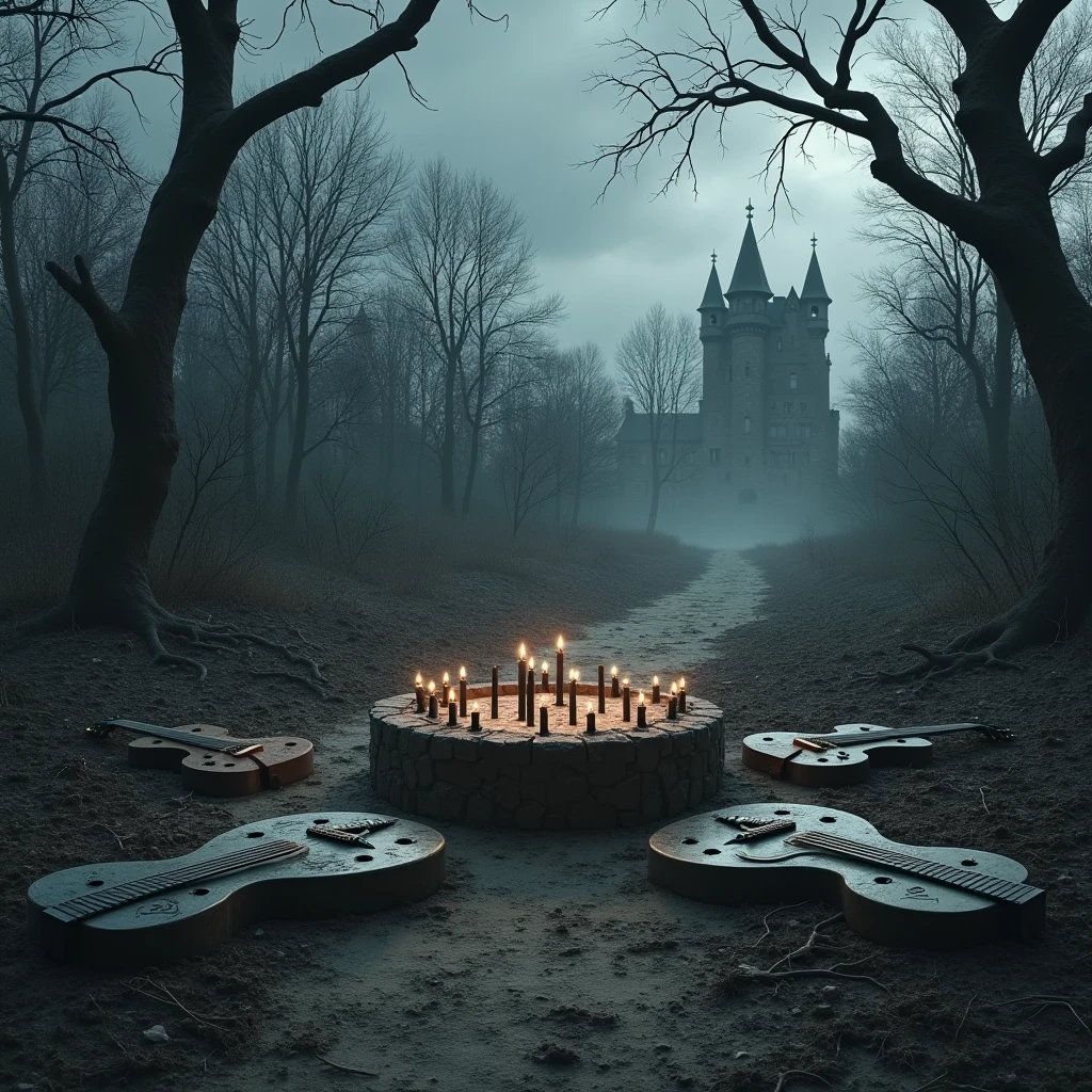 A dark and desolate forest, with bare, twisted trees reaching up into a grey, stormy sky. In the middle, a stone altar covered with black candles and occult symbols, surrounded by broken and rusty musical instruments, like guitars and drums. The ground is dry and rotten , and there is a feeling of cold and desolation in the air. At the bottom, A castle in ruins. The atmosphere is gloomy, cold and aggressive, evoking the feeling of darkness and rebellion that the guitars have a board like the Ouija and that the focus of your attention is on the instruments, in the center of the image and that stand out more than the background, that the Ouija board shaped guitars come closer to the front of the image along with the altar