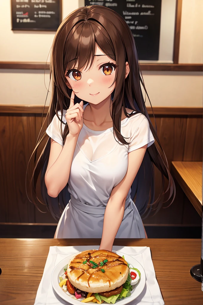 tan skin anime girl,Brown Hair,Brown eyes She is at a restaurant with another