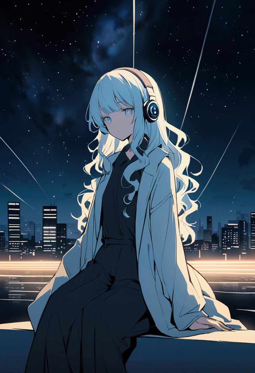 Pale-colored city Anime style illustration of a sitting girl and boy. he長い間, She has light wavy hair and is wearing headphones. he、Dressed casually with a dark shirt and loose coat over his clothing。. Road in the background Beautifully drawn, With minimalist lines. The overall color scheme is soft and dark., Gives the image a calm and relaxing feel."night galaxy