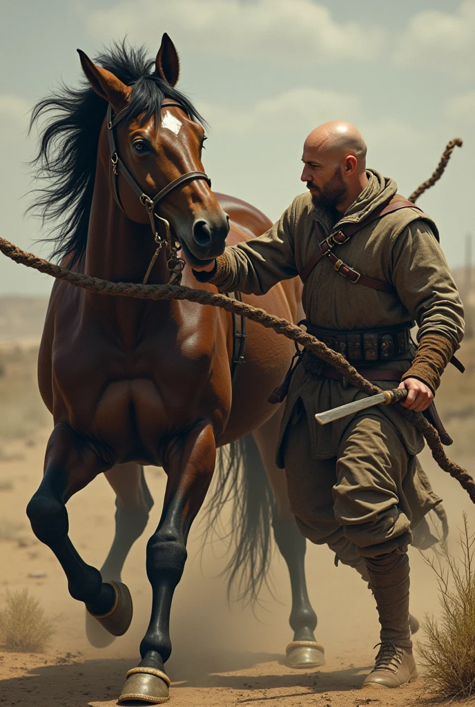 Man fighting a horse that didn't respect him, bald man with a haggard face, weak and weird man