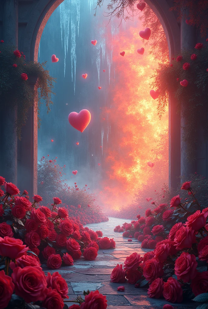 Name of Maria in fire and ice and hearts in the background and the floor of beautiful roses 

