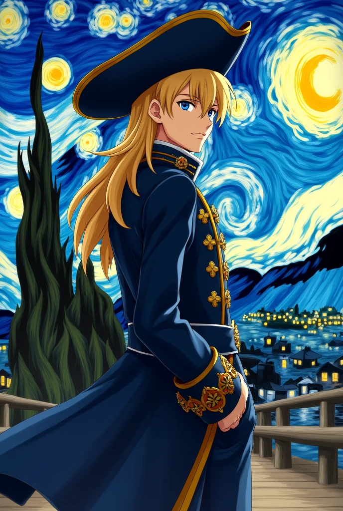 Ryusui Nanami from Doctor Stone with his pirate clothes and long blonde hair and big pirate hat with his back turned with Van Gogh's starry night in the background