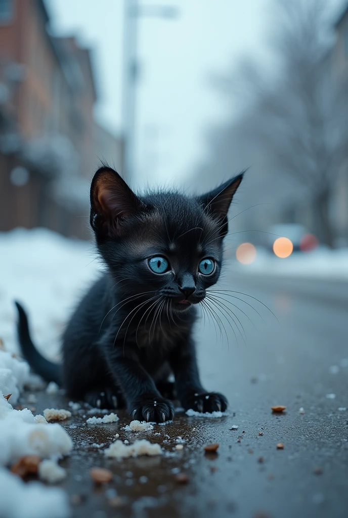 Black fur、Blue Eyes、Shivering kitten、Hungry、I'm looking for someone to pick me up、4K,Cold winter day、A small abandoned cat is shivering in a corner of the city, searching for a warm place。The cat is skinny、The hair is a little messy、I can see how cold it is.。Snow falls quietly、Gray sky in the background。The cat was walking down a deserted road、Wandering around in search of food。A woman and a cat make eye contact with a cat among the people passing by、Cat and woman looking at each other、I've decided to keep it now。
