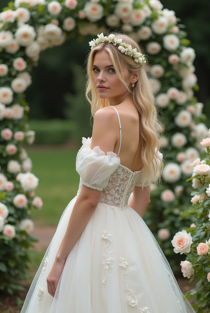 Blonde model in vintage wedding dress, posing in a flower garden, with roses and an arch of white flowers in the background