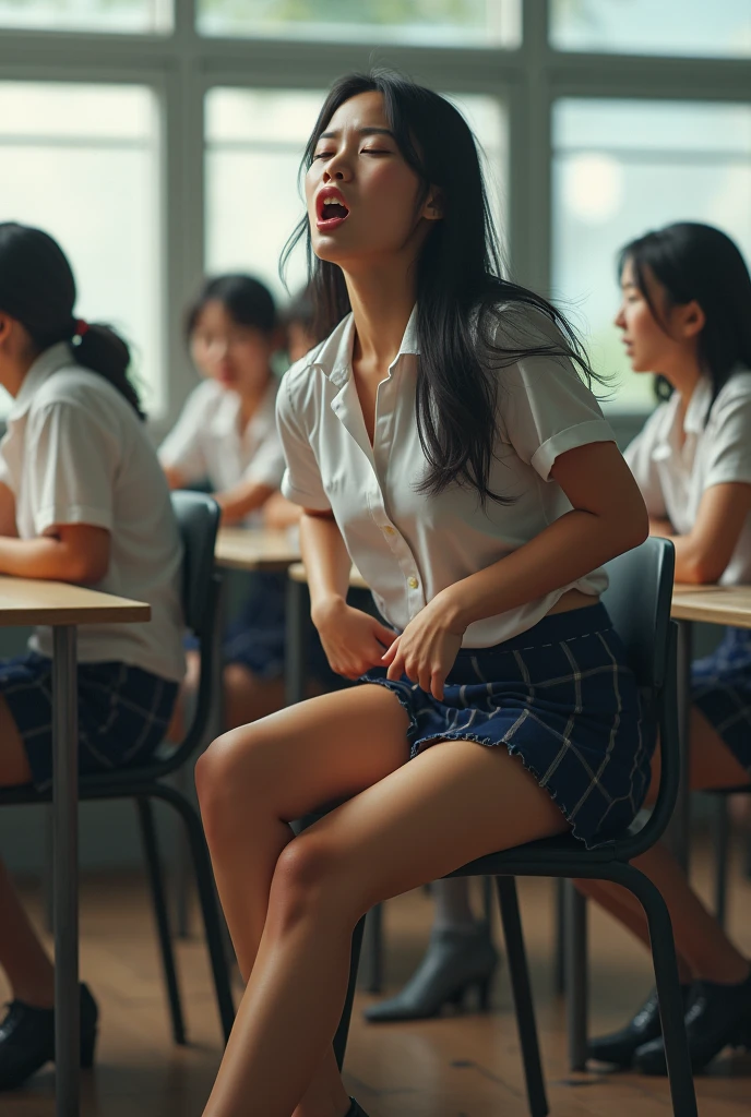 Chica estudiante colégiala Asian tiene squirt delante de sus compañeros y moja toda su ropa baja por un vibrador mientras tiene las piernas abiertas y cara de excitación mientras gime fuertemente, Hyperrealism, School uniform, Asian, slim, while her classmates watch her, visible fake and wet panties, vibrator in vagina, jet on the floor, squirt jet coming out of vagina, visible skirt with wet panties, legs fully open and touching herself sitting on her bench with chairs fully open