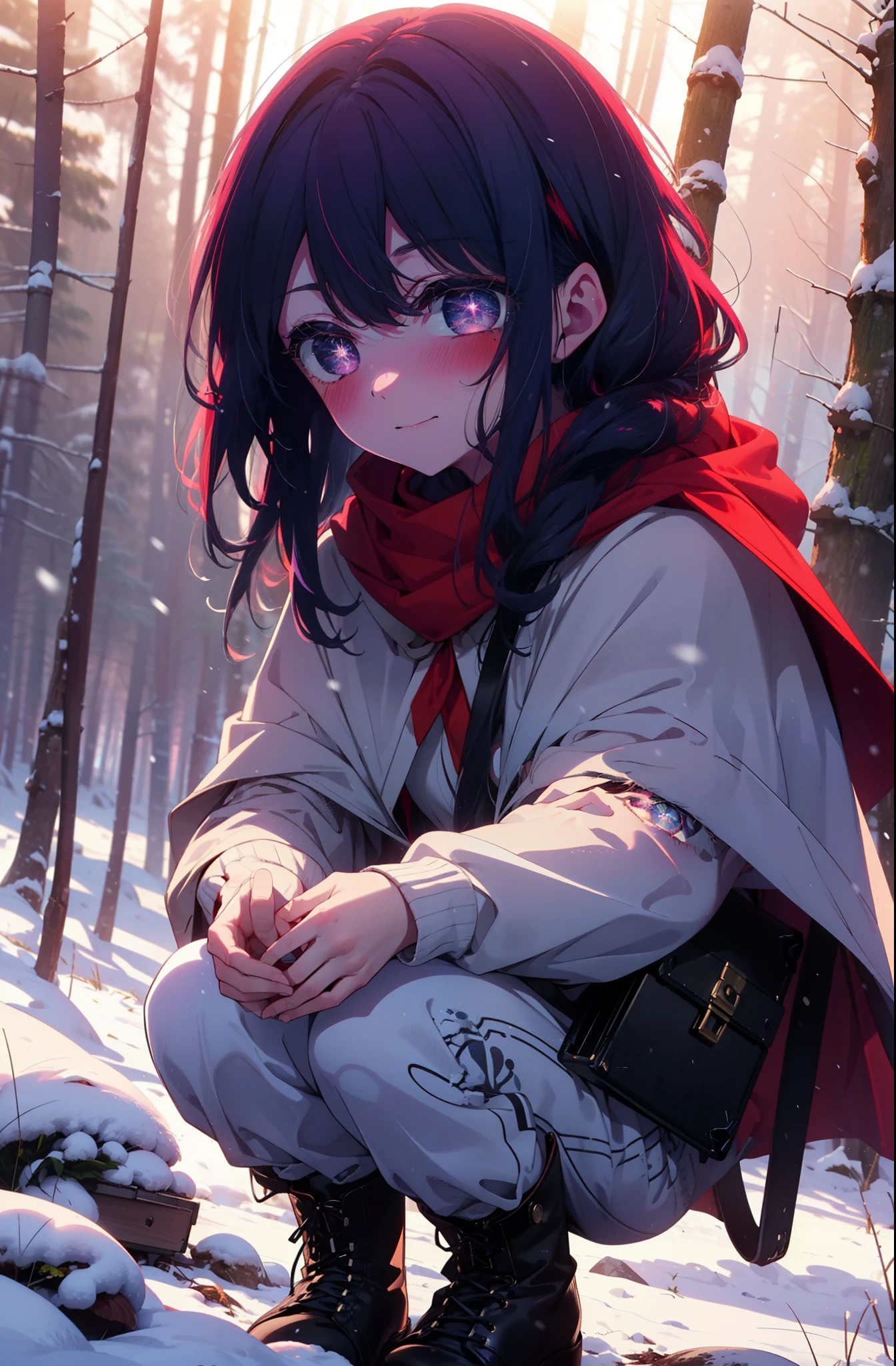 aihoshino, Ai Hoshino, Long Hair, bangs, (Purple eyes:1.1), Purple Hair, (Symbol-shaped pupil:1.5), smile,,smile,blush,white breath,
Open your mouth,snow,Ground bonfire, Outdoor, boots, snowing, From the side, wood, suitcase, Cape, Blurred, , forest, White handbag, nature, Squat, Mouth closed, Cape, winter, Written boundary depth, Black shoes, red Cape break looking at viewer, Upper Body, whole body, break Outdoor, forest, nature, break (masterpiece:1.2), Highest quality, High resolution, unity 8k wallpaper, (shape:0.8), (Beautiful and beautiful eyes:1.6), Highly detailed face, Perfect lighting, Highly detailed CG, (Perfect hands, Perfect Anatomy),