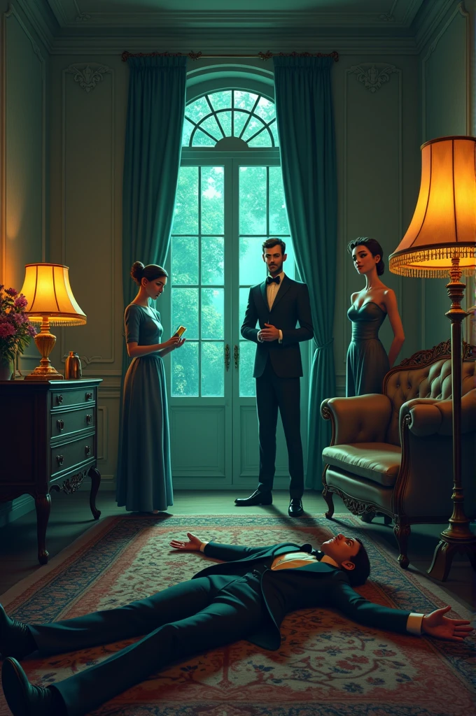 gardener a cleaning lady a very elegant butler an elegant woman and a dead man with his eyes closed lying on the floor of the living room in his mansion everyone fighting and looking scared and everyone next to the body images of cartoon characters