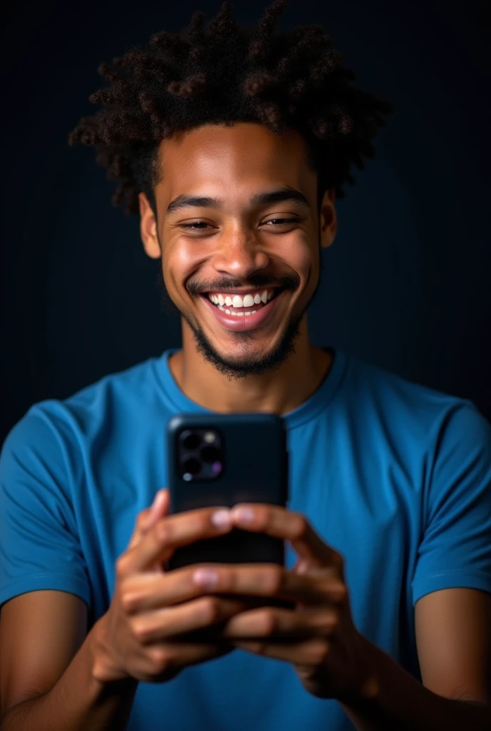 The image shows a young man with curly hair, smiling and holding up a smartphone and screen is ahead of camera in large image. He is wearing a blue t-shirt and appears to be happy and excited. The background is black 