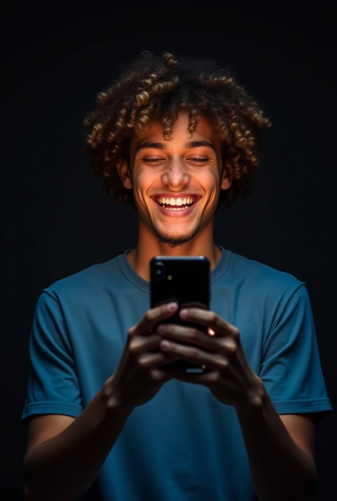 The image shows a young man with curly hair, smiling and holding up a smartphone and screen is ahead of camera in large image. He is wearing a blue t-shirt and appears to be happy and excited. The background is black 