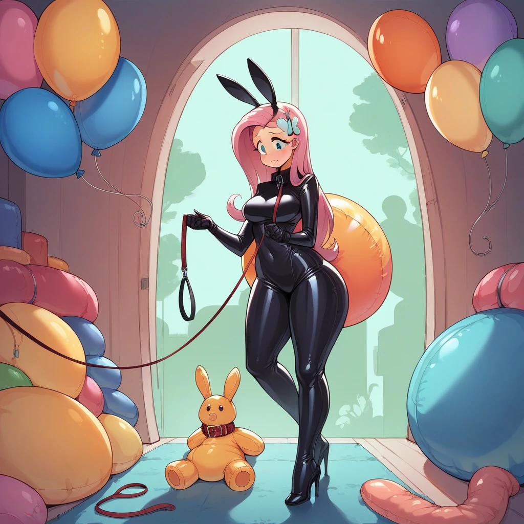 BDSM, colorful balloons, balloon fetish, inflatables, looner, femdom mistress mlpfluttershy in black latex dress and high heels walking the slave on a leash, slave in inflatable latex suit with inflatable collar trapped inside huge inflatable balloon, feet worship, medium naked thighs, medium breasts, hair ornament, fake bunny ears, perfect feet, balloons everywhere, huge inflatable toys around, inside inflatable room, inflatable balloon bondage, pear type of body shape