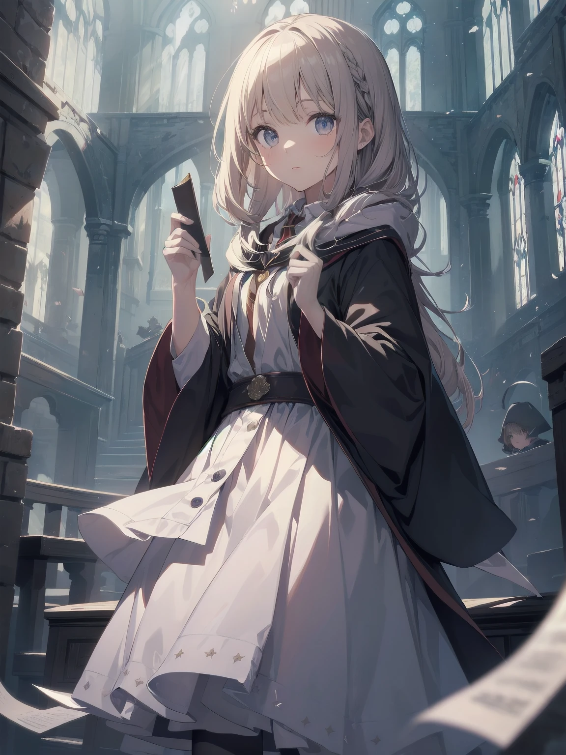 Masterpiece, Top Quality, Absurd, High Resolution, Subject Seismic, Animation Style Illustration with Mock Pause, 1 Girl, Solo, Cute random hairstyle, beautiful random expression and face, random age, slender, random clothing for situation,wizard robes, wand, magical castle, owl, spell book, (Hogwarts: 1.2), magic, wonder, (Harry Potter inspired: 1.3), mysterious atmosphere, details