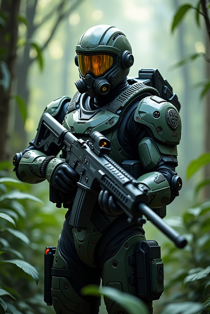 an russich soldier with an advanced combat armor covering the enture body and an helmet with an yellow visor and an gas mask, armed with an plasma battlerifle in an jungle
