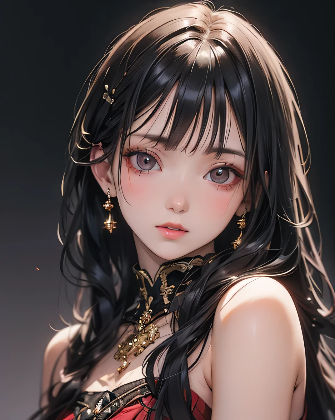 Highest quality, masterpiece, Ultra-high resolution, (Realistic: 1.4), RAW Photos, 1 person, Black Hair, Glowing Skin, (Beautifully detailed face), (Beautiful attention to detail),Dramatic lighting, whole body, Red dress, 