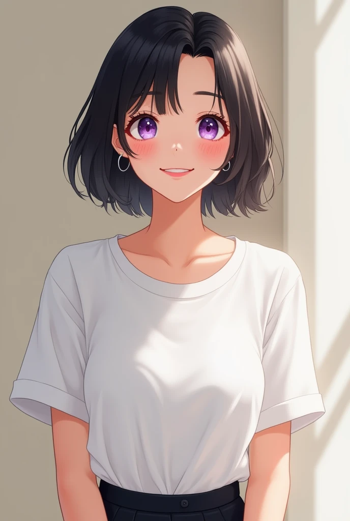 1girl, wearing a plain white t-shirt, black short skirt, short black hair, purple eyes, smile, happy 