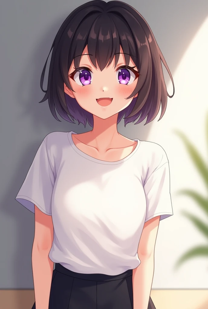 10 year old girl、A dark-haired、short-cut、bashfulness、Wearing white underwear、Camisole、(very large cotton shorts):1.5、Bite、Standing、low angles、in a house、(diaper):1.5