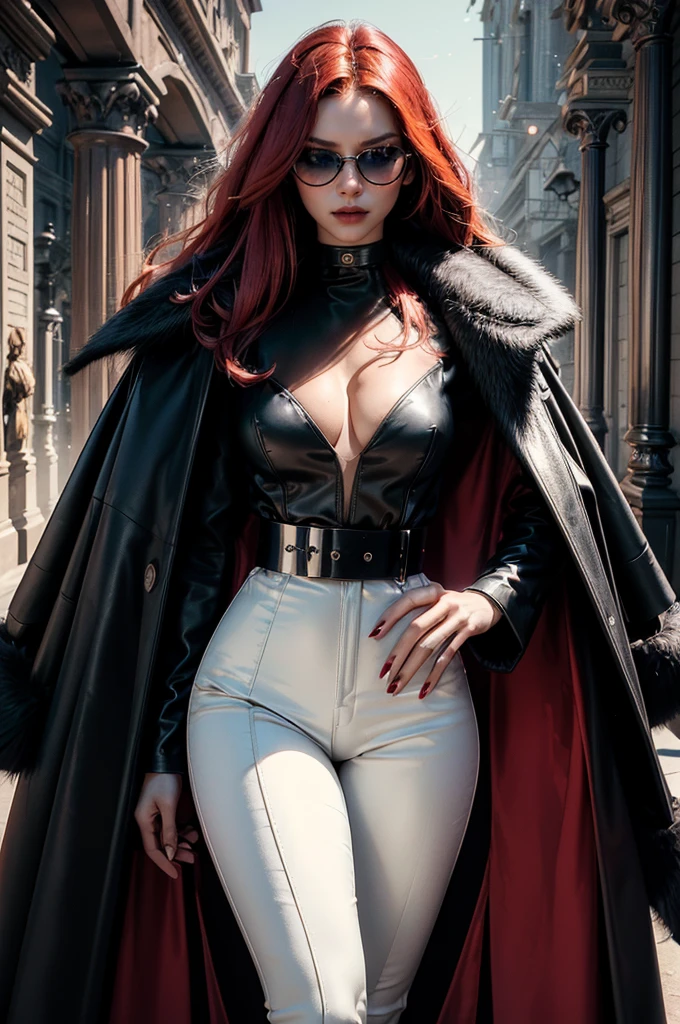 a beautiful young woman with long red hair, slim body, thin waist, narrow hips, detailed facial features, ((wearing high quality high waist black leather pants)), ((wearing formal white colored silk shirt with cleavage and long sleeves)), ((wearing black fur coat)), ((coat on shoulders)), ((red lining)), ((double luxury waist belt)), ((slightly red tinted glasses)), ((expensive reflective silk scarf)), holding a handbag, hand on waist, (best quality,4k,8k,highres,masterpiece:1.2),ultra-detailed,(realistic,photorealistic,photo-realistic:1.37),high fashion,editorial,dramatic lighting,cinematic,vivid colors,intricate details, glamorous