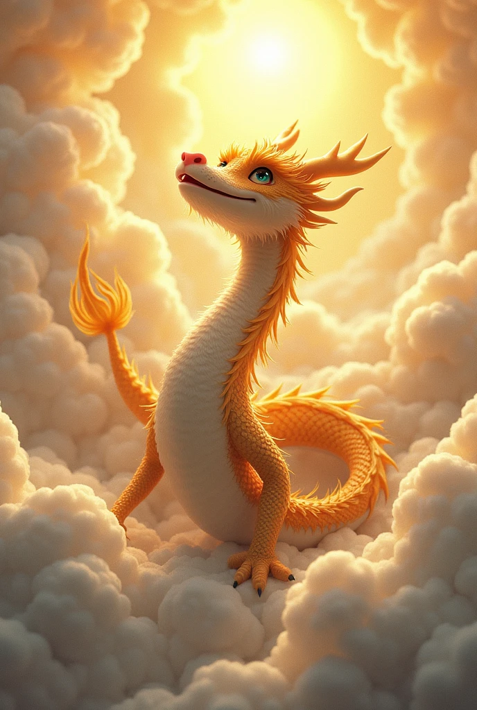 masterpiece, Highest quality,Japan Dragon God、golden dragon、Rin々A funny expression、With fluffy fur。Its face is facing upwards and it is flying towards the sky。The background is a sea of clouds。No wings、Sparkling and kind eyes、Long body like a snake