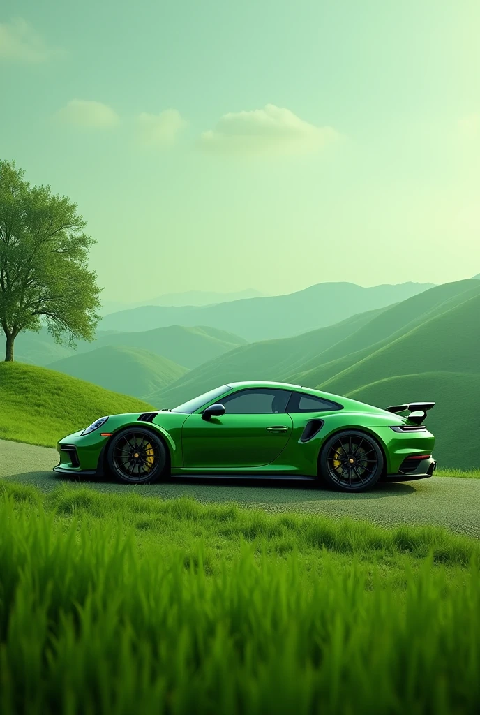 A photo with a Porsche on a green background with an all green landscape