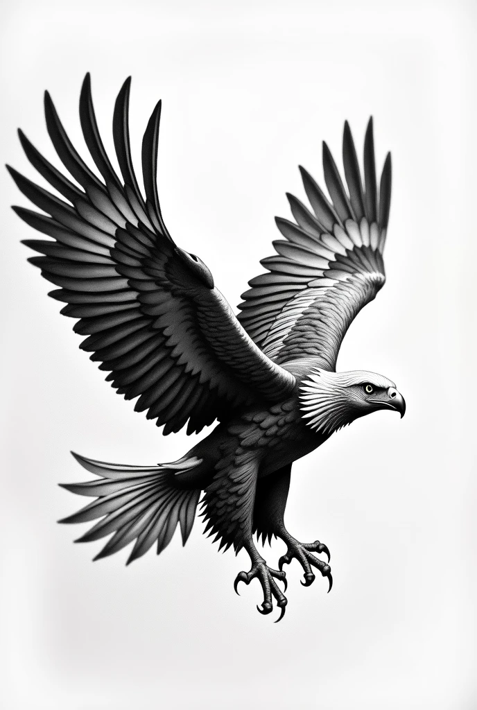 Create a micro realistic tattoo of a golden eagle flying towards the horizon in black and white pointillism