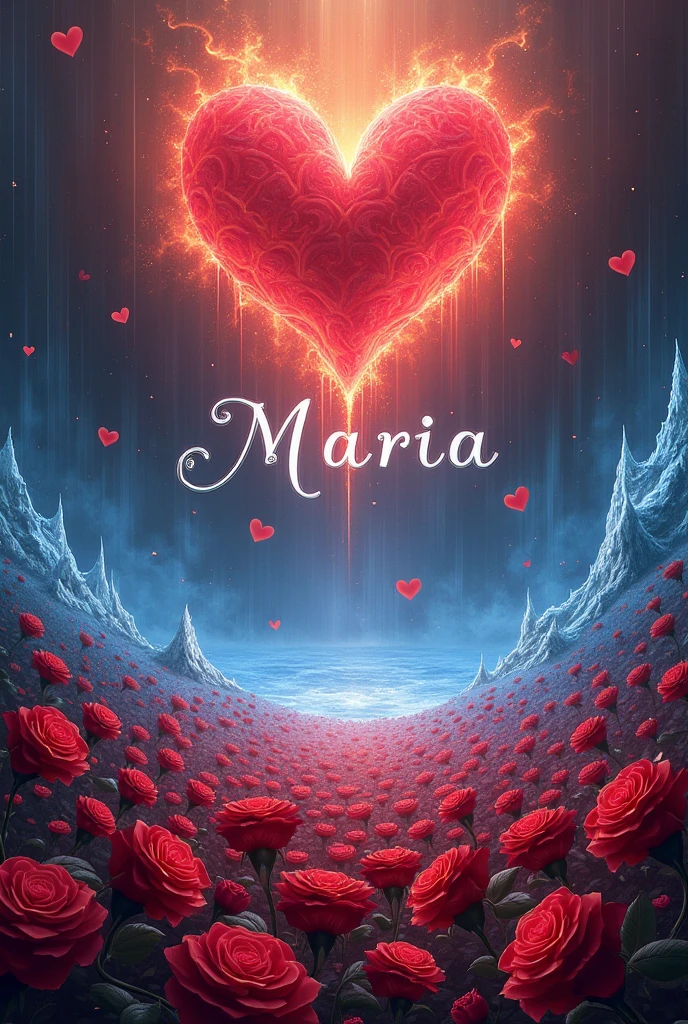 Name of MARIA in fire and ice and hearts in the background and the floor of beautiful roses 

