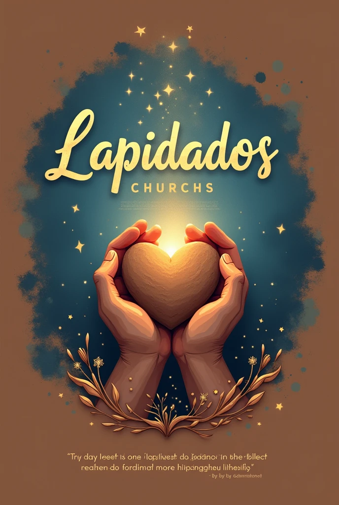 Create a shirt design for a “Lapidated” themed church celebration. Based on the biblical passage from Isaiah
**Design Elements:**
1. **Image Center:**
- A pair of hands modeling a heart or clay vase.
- Includes a subtle glow in the clay to symbolize transformation.
2. **Text:**
- Includes a biblical quote in an elegant font.
- Title: "Lapidados" highlighted in a robust font.
3. **Cores:**
- Use shades of brown and blue to convey calm and spirituality.
4. **Decorative Elements:**
- Small sparks or stars around the clay.
Coloque as frases tem uma blusa em português Brasil
Imagens reais
