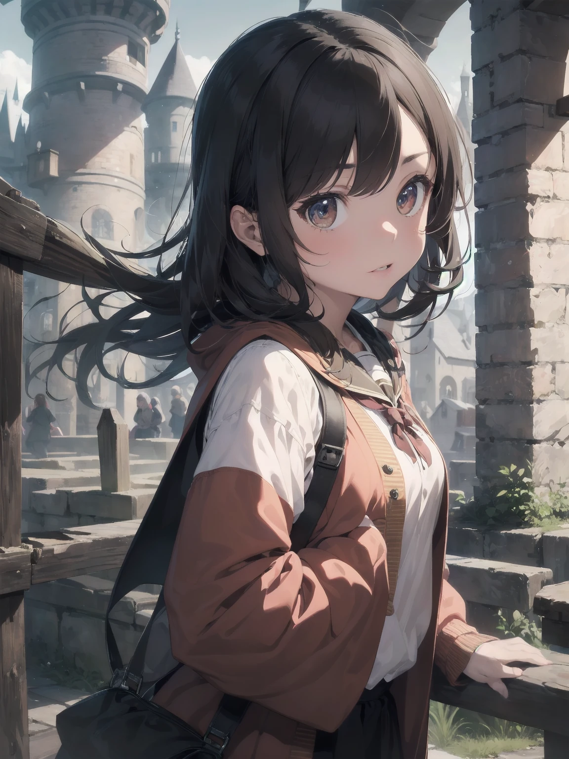 Masterpiece, Top Quality, Absurd, High Resolution, Subject Seismic, Animation Style Illustration with Mock Pause, 1 Girl, Solo, Cute random hairstyle, beautiful random expression and face, random age, slender, random clothing for situation,wizard robes, wand, magical castle, owl, spell book, (Hogwarts: 1.2), magic, wonder, (Harry Potter inspired: 1.3), mysterious atmosphere, details