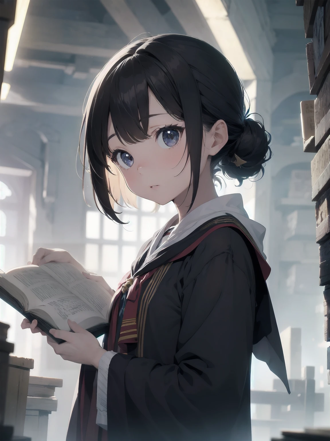 Masterpiece, Top Quality, Absurd, High Resolution, Subject Seismic, Animation Style Illustration with Mock Pause, 1 Girl, Solo, Cute random hairstyle, beautiful random expression and face, random age, slender, random clothing for situation,wizard robes, wand, magical castle, owl, spell book, (Hogwarts: 1.2), magic, wonder, (Harry Potter inspired: 1.3), mysterious atmosphere, details